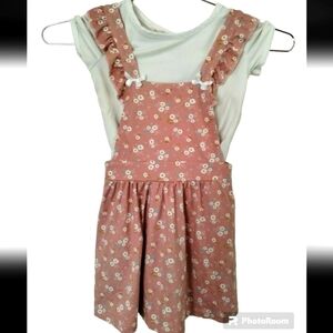 MuMuCoCo Pink Floral Jumper Dress With White Tee Size 3T 2 piece set